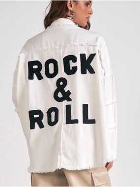 ELAN DEVAN WHITE COTTON ROCK & ROLL DISTRESSED SHACKET OVERSIZED SMALL